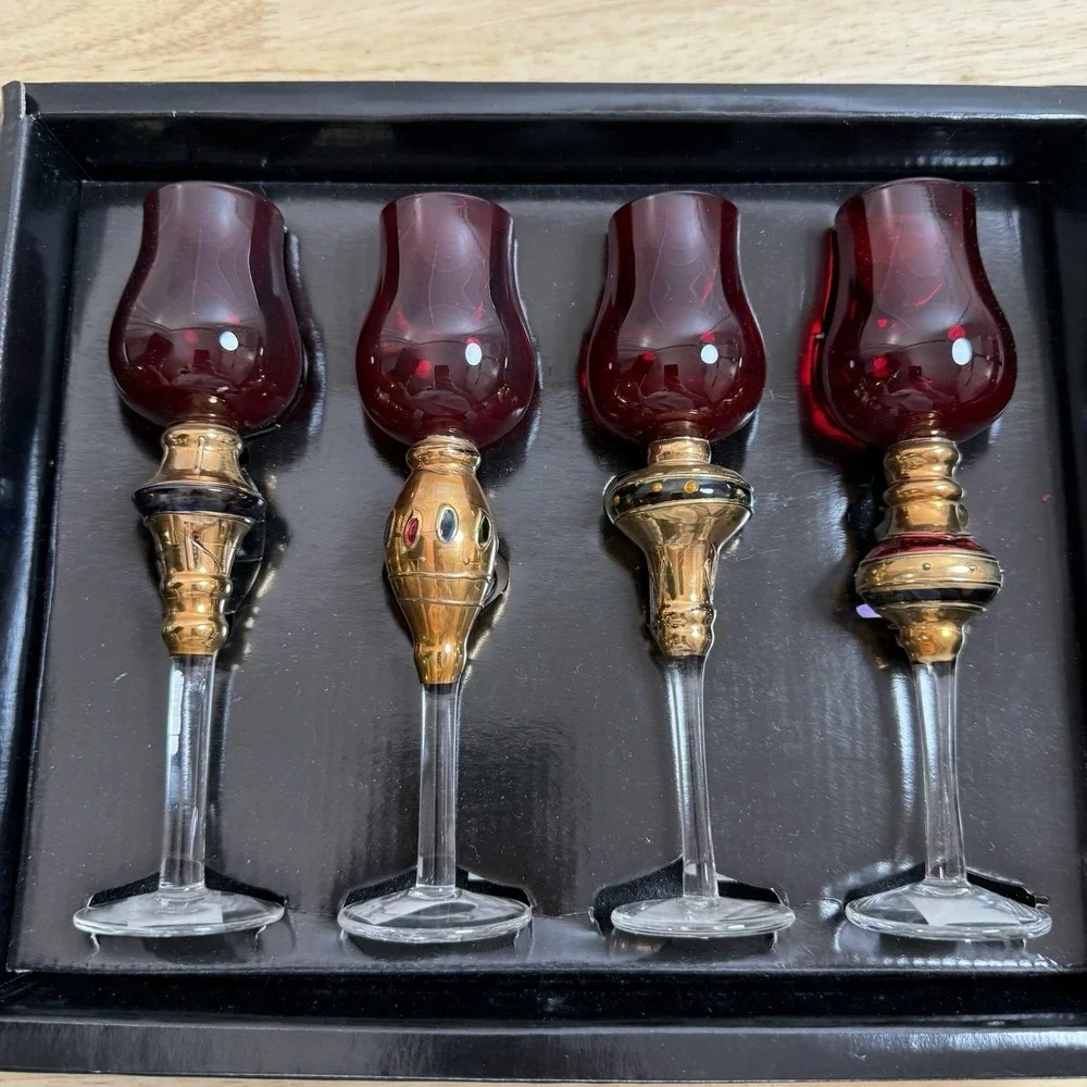 4 Vtg Bombay Company Romanov Ruby Gold Long Stem Cordial‎ Glasses New  7
